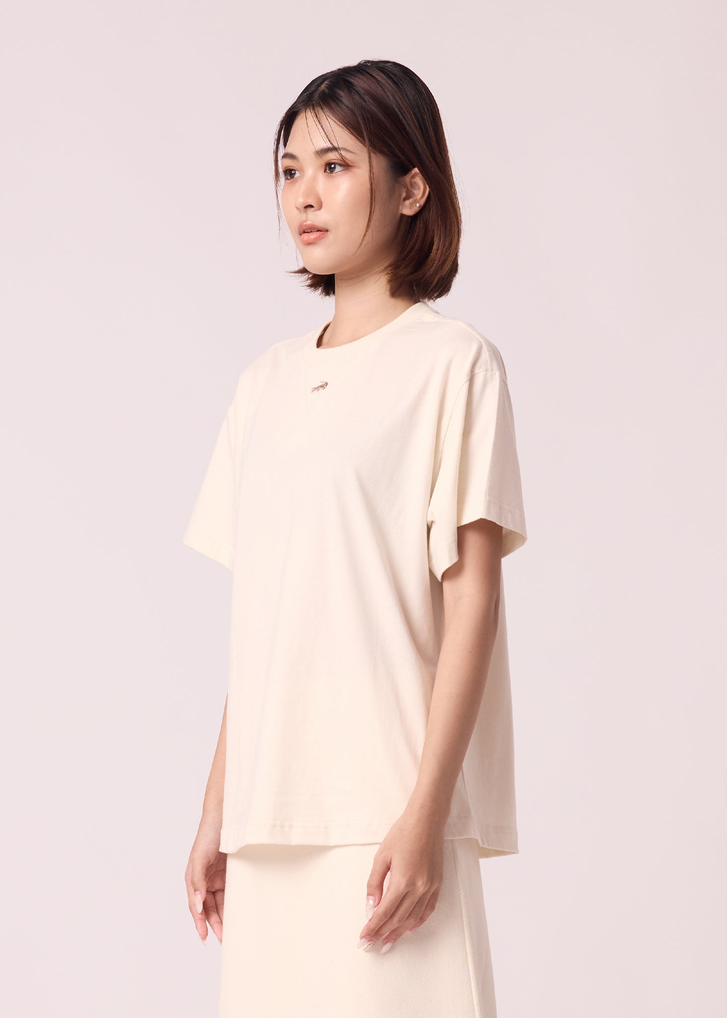 BEIGE OVERSIZED FIT CREW NECK SHORT SLEEVE T-SHIRT WITH EMBROIDERY