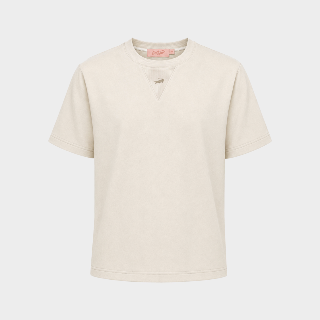 BEIGE OVERSIZED FIT CREW NECK SHORT SLEEVE T-SHIRT WITH EMBROIDERY
