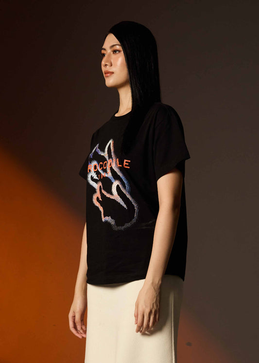 BLACK OVERSIZED FIT CREW NECK SHORT SLEEVE T-SHIRT WITH GRAPHIC PRINT