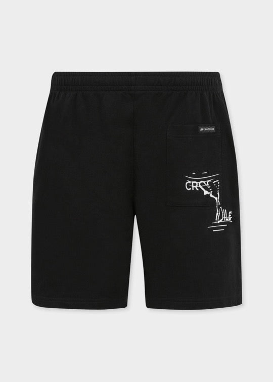 BLACK TRACKSHORT WITH POCKET AND GRAPHIC PRINT