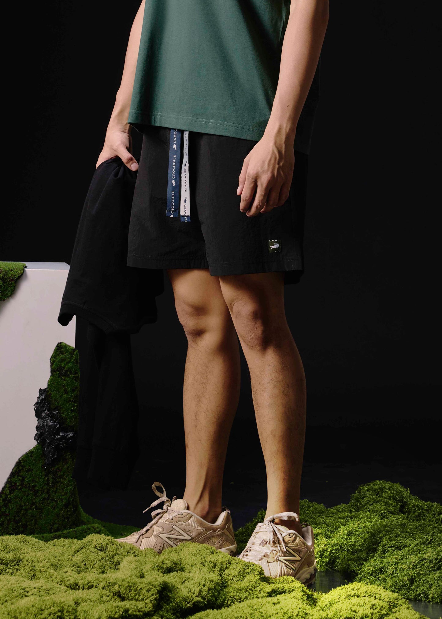 BLACK TRACKSHORT WITH BRANDED TAPE DRAWSTRING