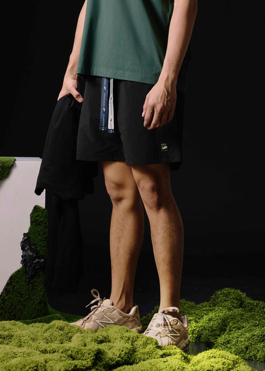 BLACK TRACKSHORT WITH BRANDED TAPE DRAWSTRING