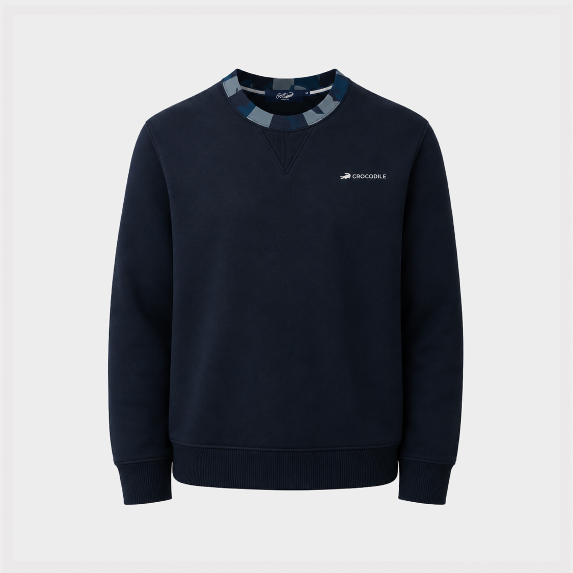 NAVY CUSTOM FIT SWEATERS WITH EMBROIDERY AND FABRIC PRINT COLLAR