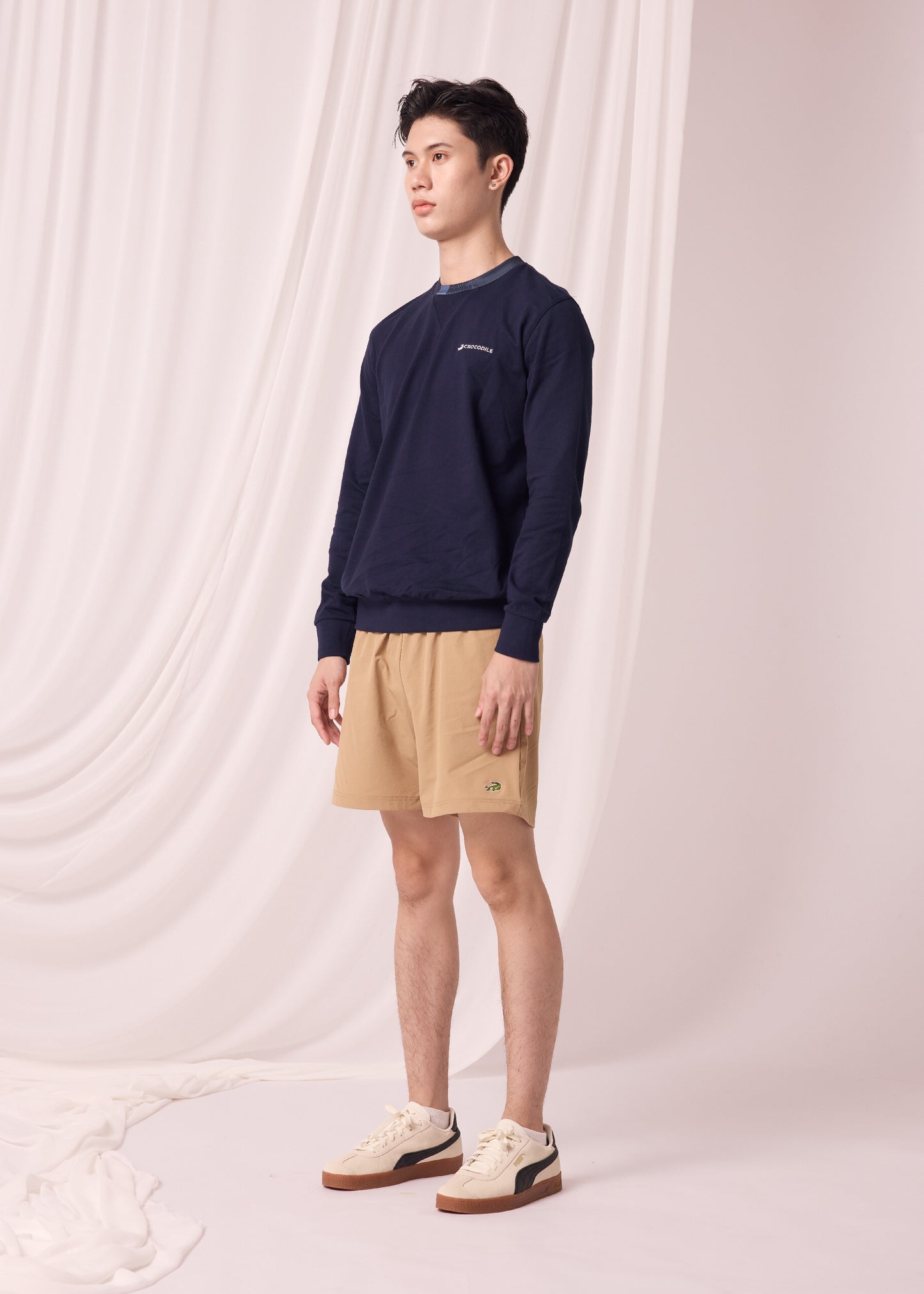 NAVY CUSTOM FIT SWEATERS WITH EMBROIDERY AND FABRIC PRINT COLLAR