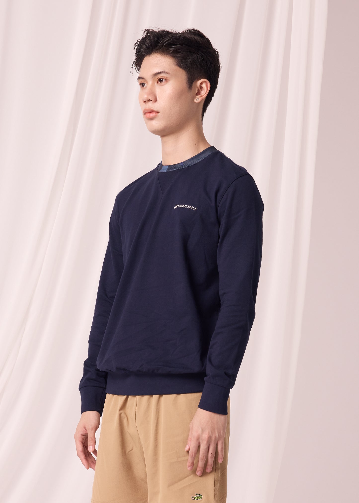 NAVY CUSTOM FIT SWEATERS WITH EMBROIDERY AND FABRIC PRINT COLLAR