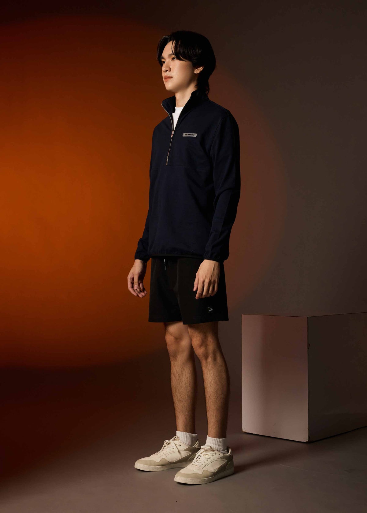 NAVY CUSTOM FIT SWEATERS WITH ZIP PLACKET AND RUBBERIZED LOGO
