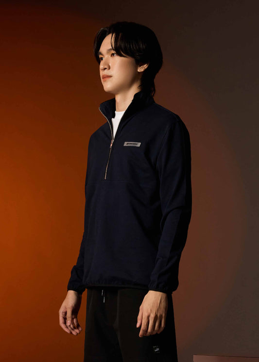 NAVY CUSTOM FIT SWEATERS WITH ZIP PLACKET AND RUBBERIZED LOGO