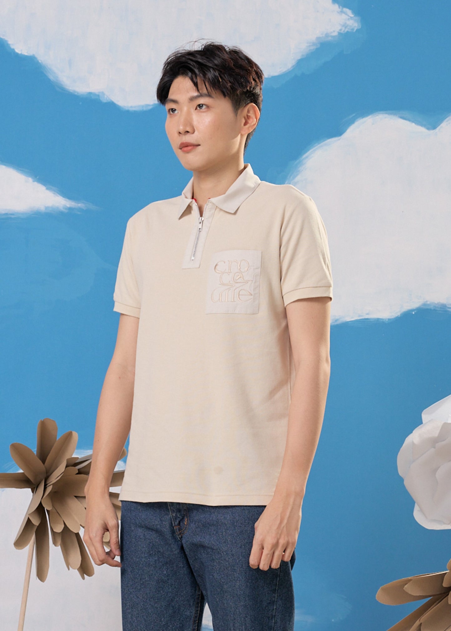 BEIGE COLOUR BLOCK  CUSTOM FIT POLO SHIRT WITH EMBROIDERY POCKET AND ZIP PLACKET