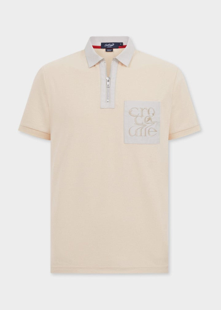 BEIGE COLOUR BLOCK  CUSTOM FIT POLO SHIRT WITH EMBROIDERY POCKET AND ZIP PLACKET