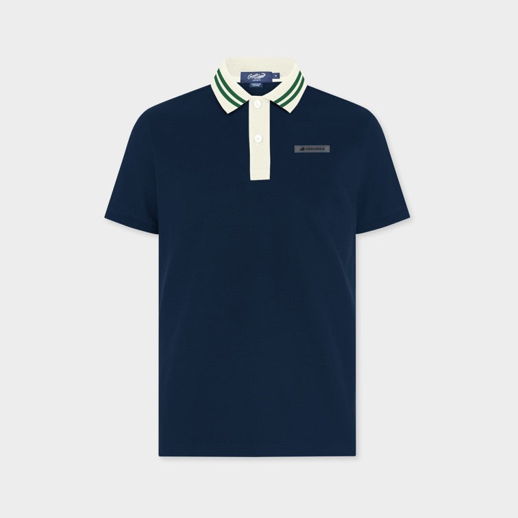 NAVY CUSTOM FIT POLO SHIRT WITH STRIPE COLLAR AND RUBBERIZED LOGO