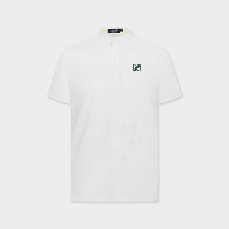 WHITE MANDARIN COLLAR CUSTOM FIT POLO SHIRT WITH EMBROIDERY