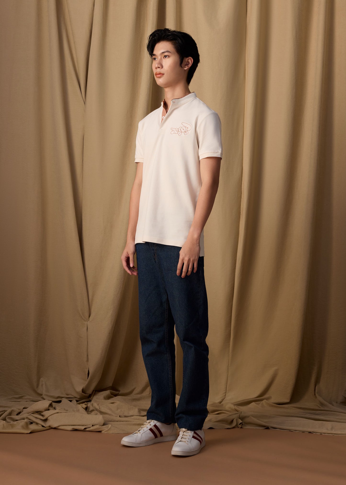 BEIGE BOMBER COLLAR CUSTOM FIT POLO SHIRT WITH EMBROIDERY