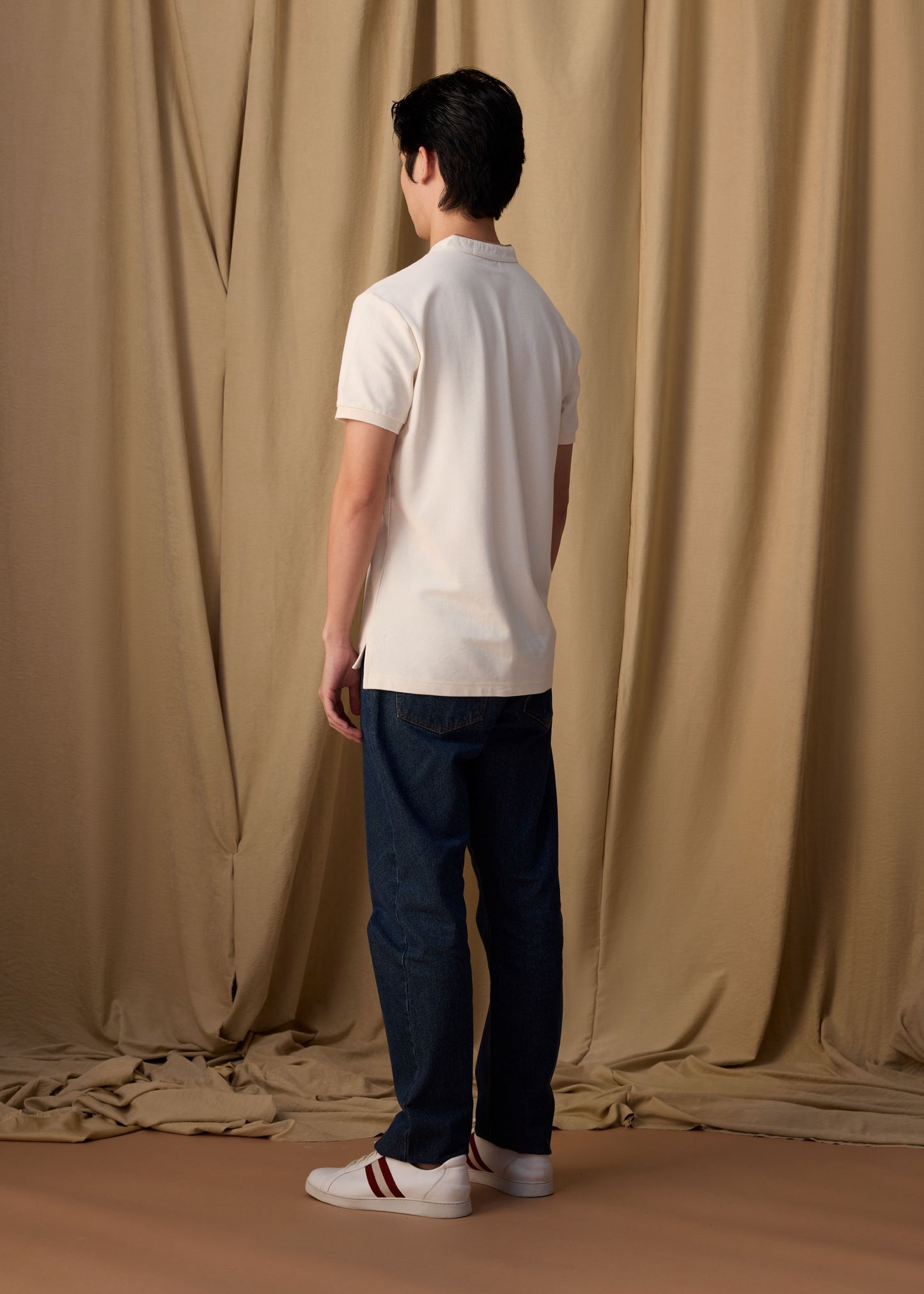 BEIGE BOMBER COLLAR CUSTOM FIT POLO SHIRT WITH EMBROIDERY