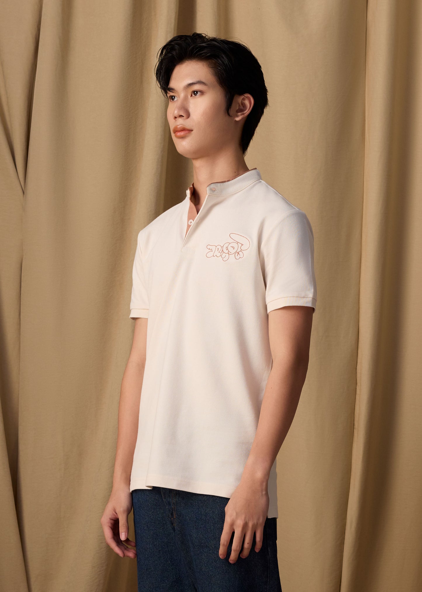 BEIGE BOMBER COLLAR CUSTOM FIT POLO SHIRT WITH EMBROIDERY