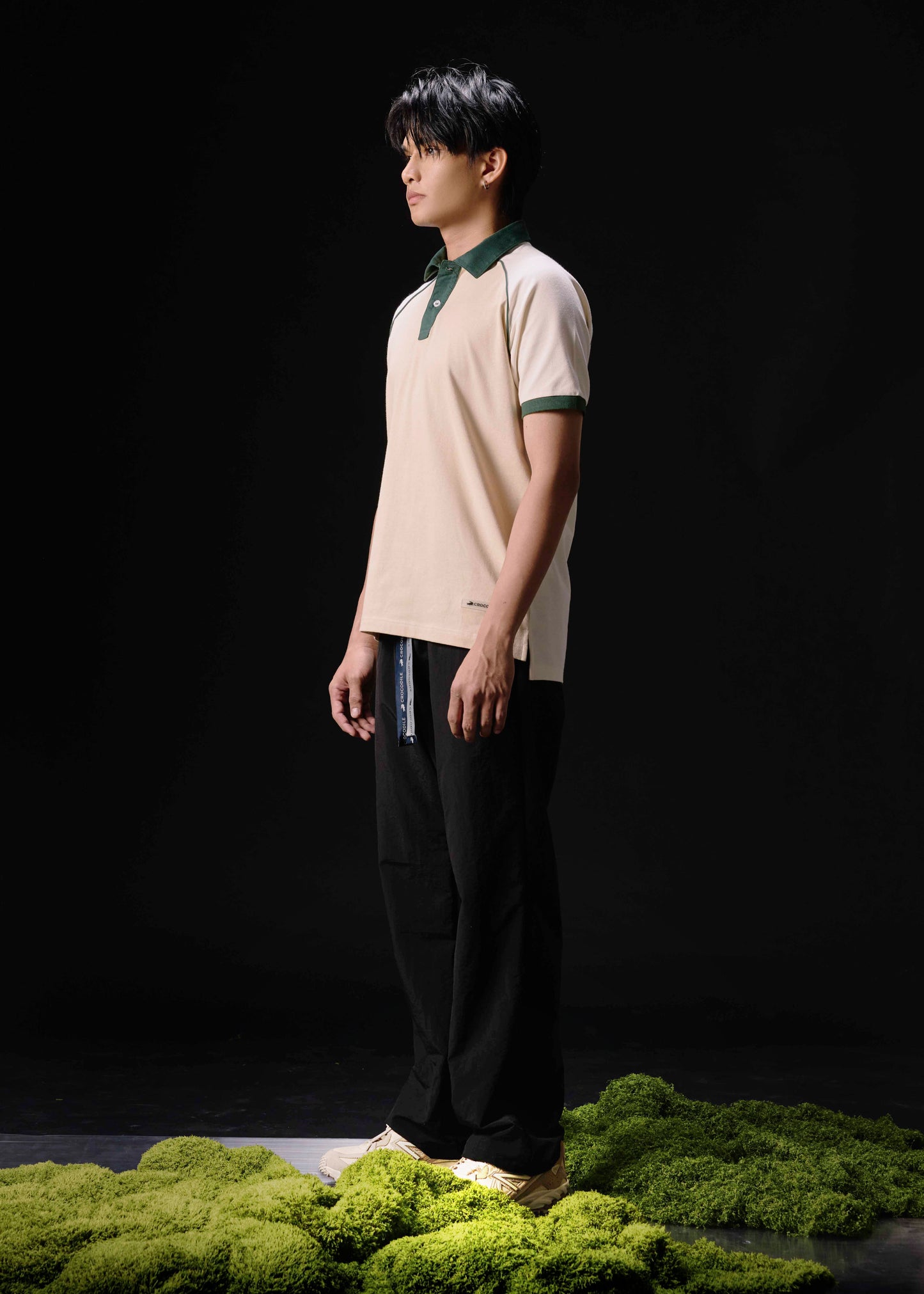 BEIGE COLOUR BLOCK CUSTOM FIT POLO SHIRT WITH MAGICAL FOREST COLLAR