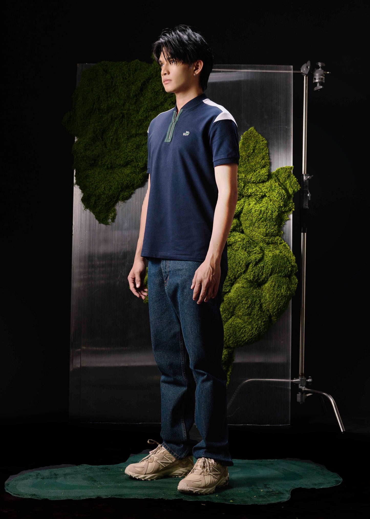 NAVY COLOUR BLOCK BOMBER COLLAR CUSTOM FIT POLO SHIRT WITH ZIP PLACKET