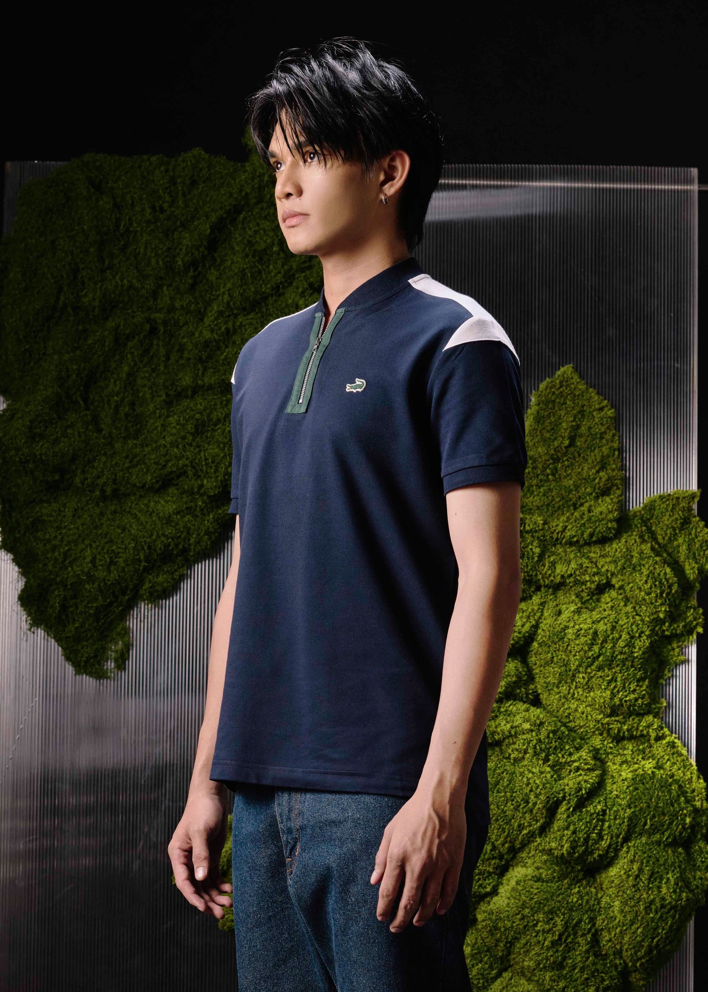 NAVY COLOUR BLOCK BOMBER COLLAR CUSTOM FIT POLO SHIRT WITH ZIP PLACKET