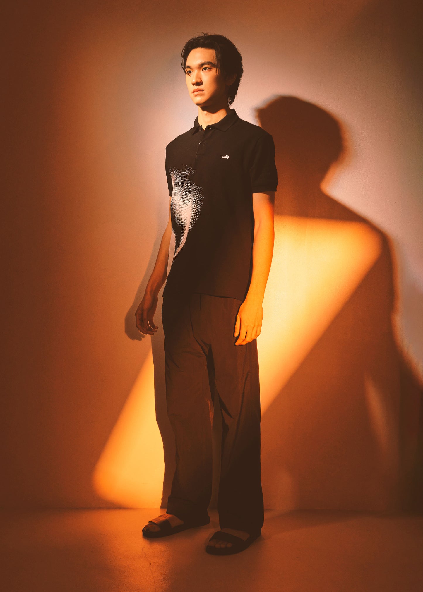 BLACK CUSTOM FIT POLO SHIRT WITH EMBROIDERY AND GRAPHIC PRINT