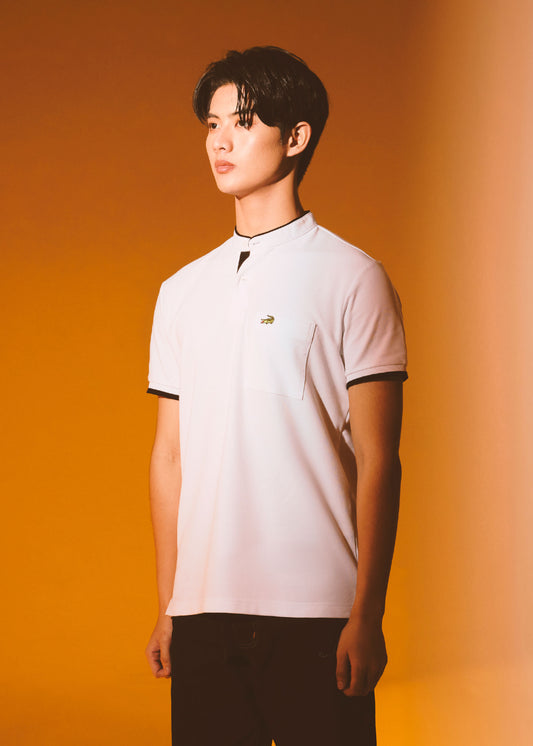 WHITE COLOUR BLOCK BOMBER COLLAR CUSTOM FIT POLO SHIRT