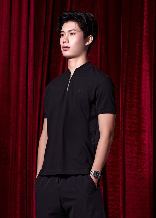 เสื้อโปโลคอบอมเบอร์สีดำทรงคัสตอมฟิตพร้อมสาบซิป