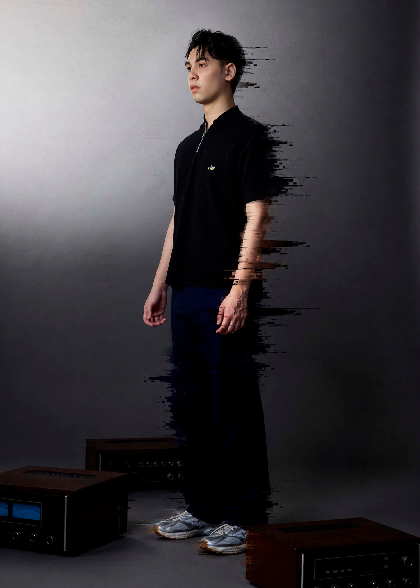 BLACK BOMBER COLLAR CUSTOM FIT POLO SHIRT WITH ZIP PLACKET