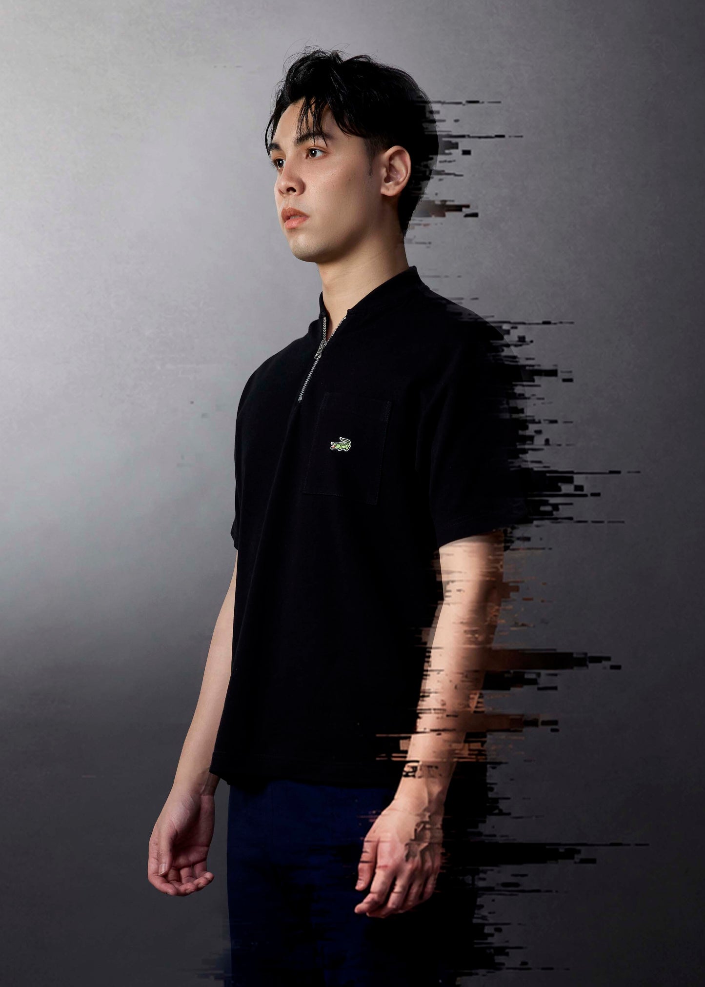 BLACK BOMBER COLLAR CUSTOM FIT POLO SHIRT WITH ZIP PLACKET