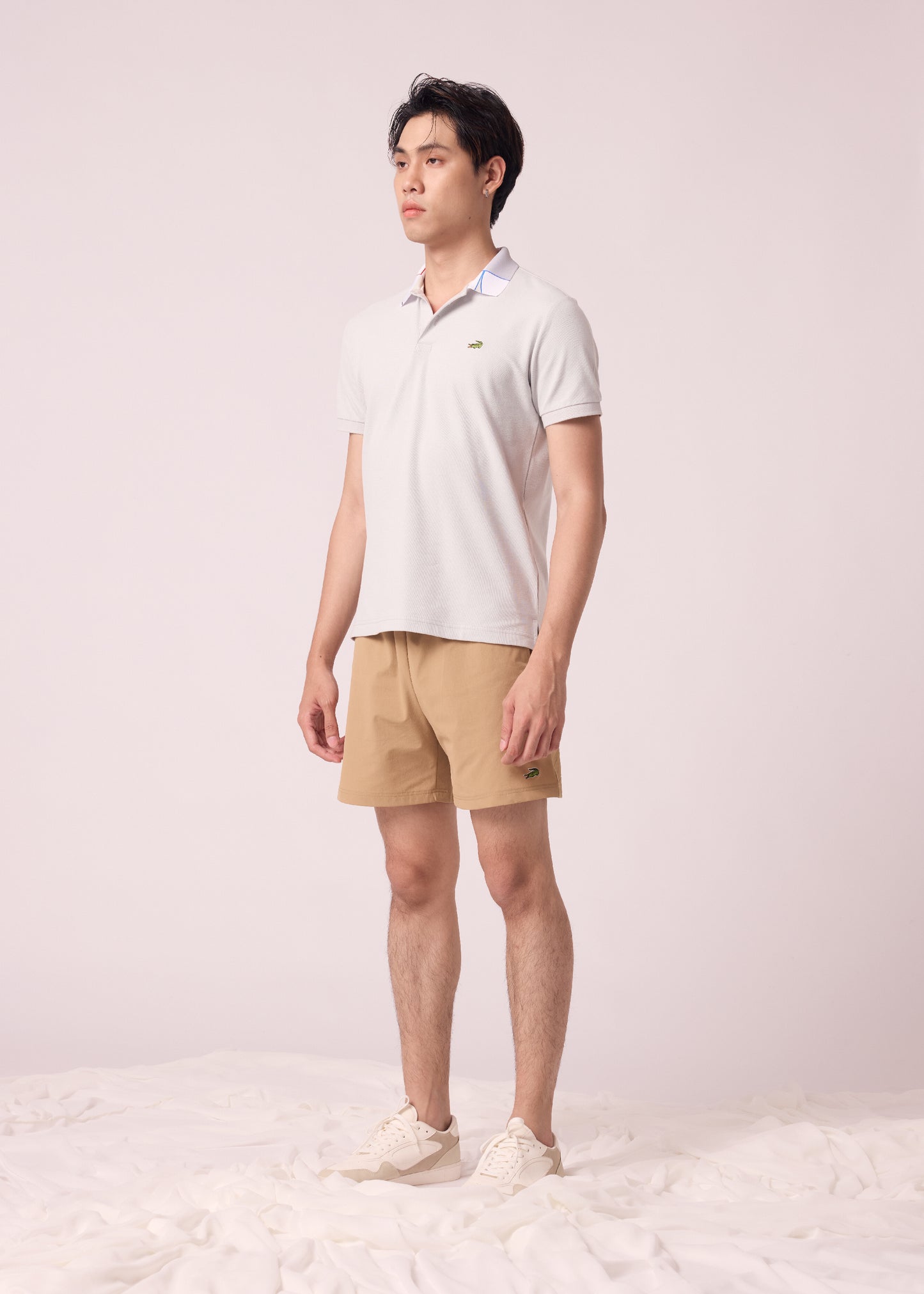 GRAY CUSTOM FIT POLO SHIRT  WITH FABRIC PRINT COLLAR