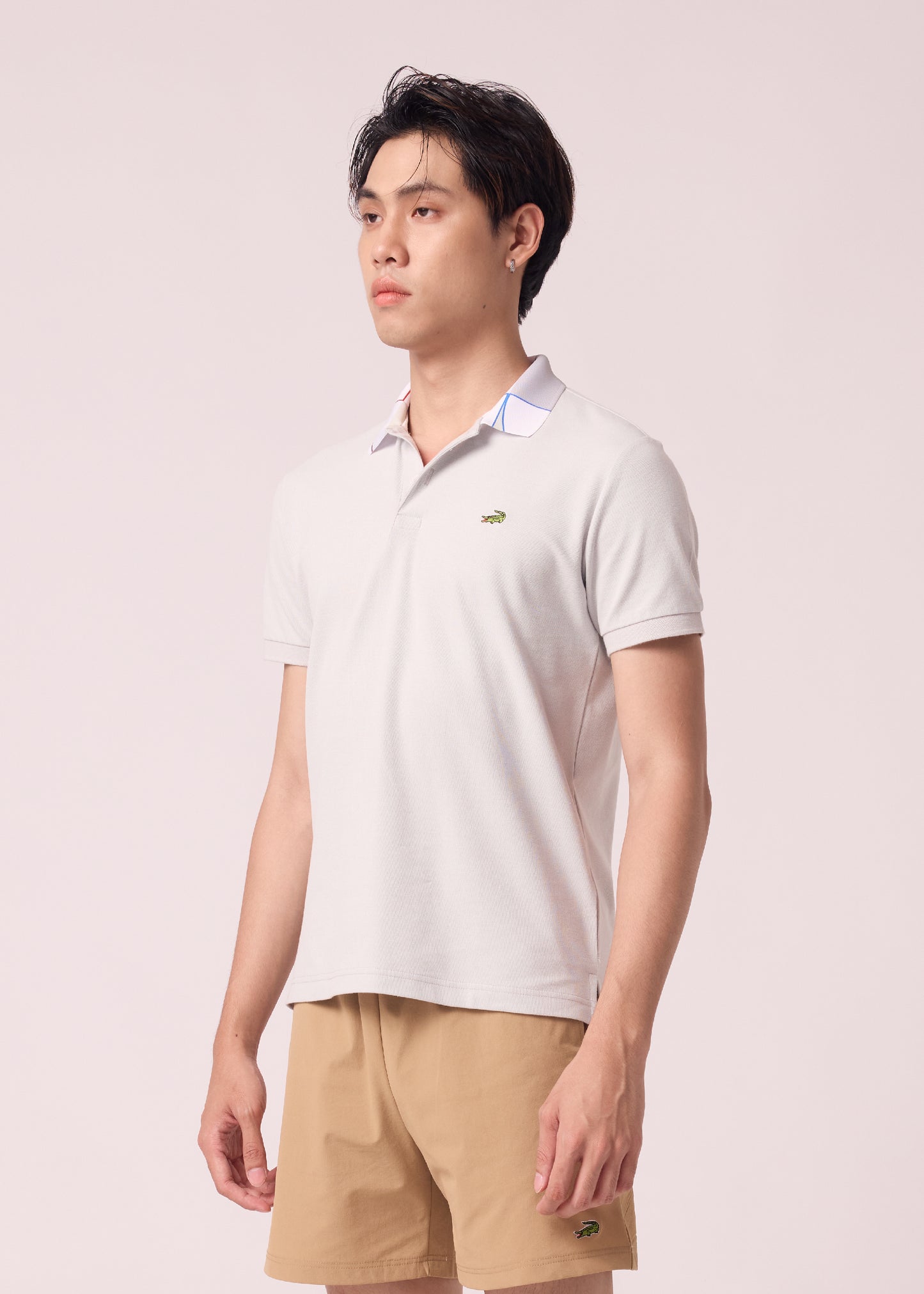 GRAY CUSTOM FIT POLO SHIRT  WITH FABRIC PRINT COLLAR