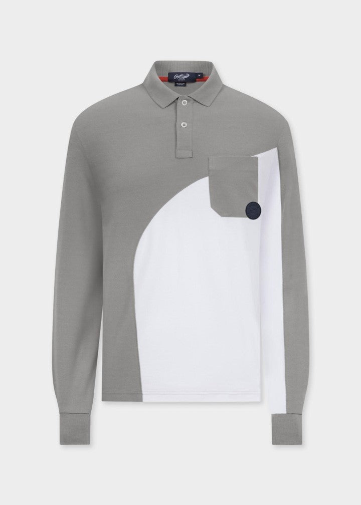 GREY COLOUR BLOCK CUSTOM FIT LONG SLEEVE POLO SHIRT WITH POCKET