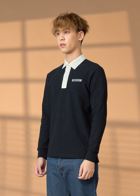 BLACK CUSTOM FIT LONG SLEEVE POLO SHIRT WITH UNBLEACHED COTTON COLLAR AND RUBBERIZED LOGO