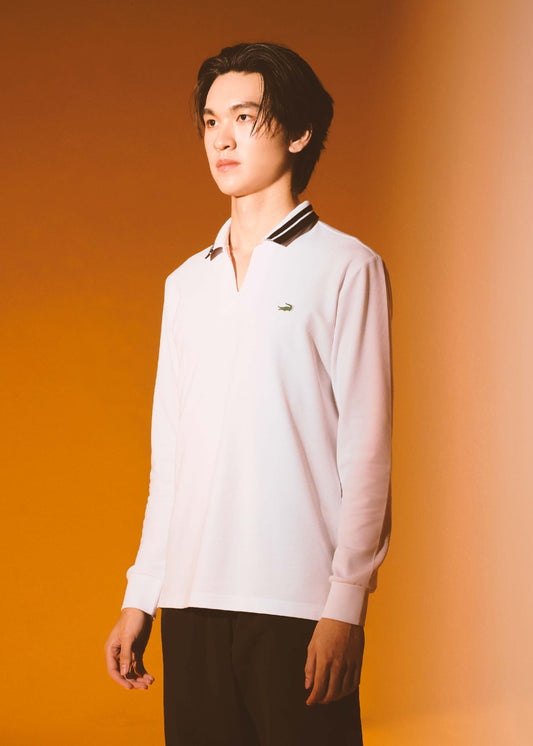 WHITE CUSTOM FIT LONG SLEEVE POLO SHIRT WITH STRIPE COLLAR AND RUBBERIZED LOGO