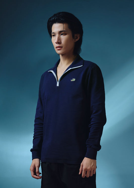 เสื้อโปโลแขนยาวทรงคัสตอมฟิตสีกรม