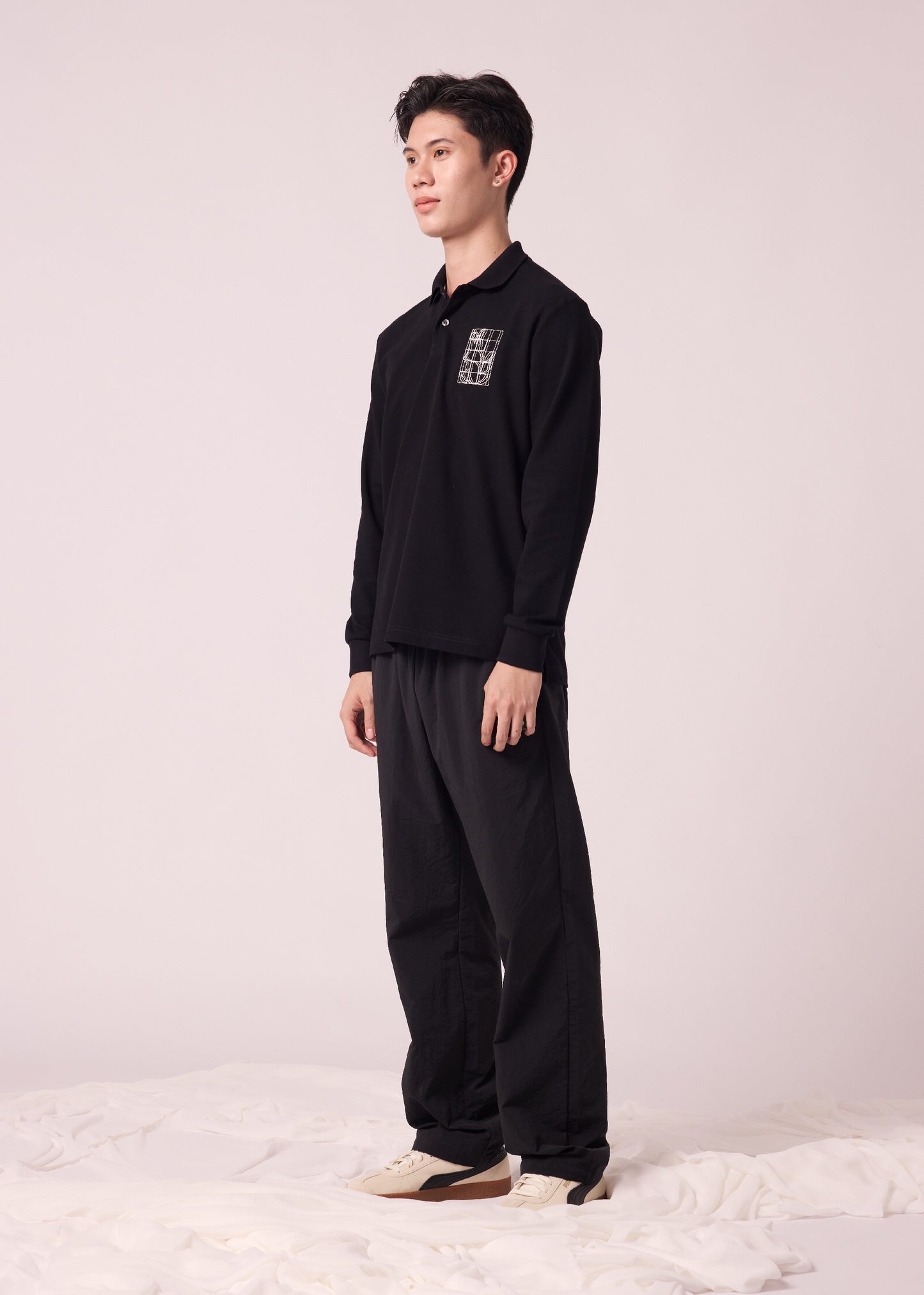 BLACK CUSTOM FIT LONG SLEEVE POLO SHIRT  WITH EMBROIDERY