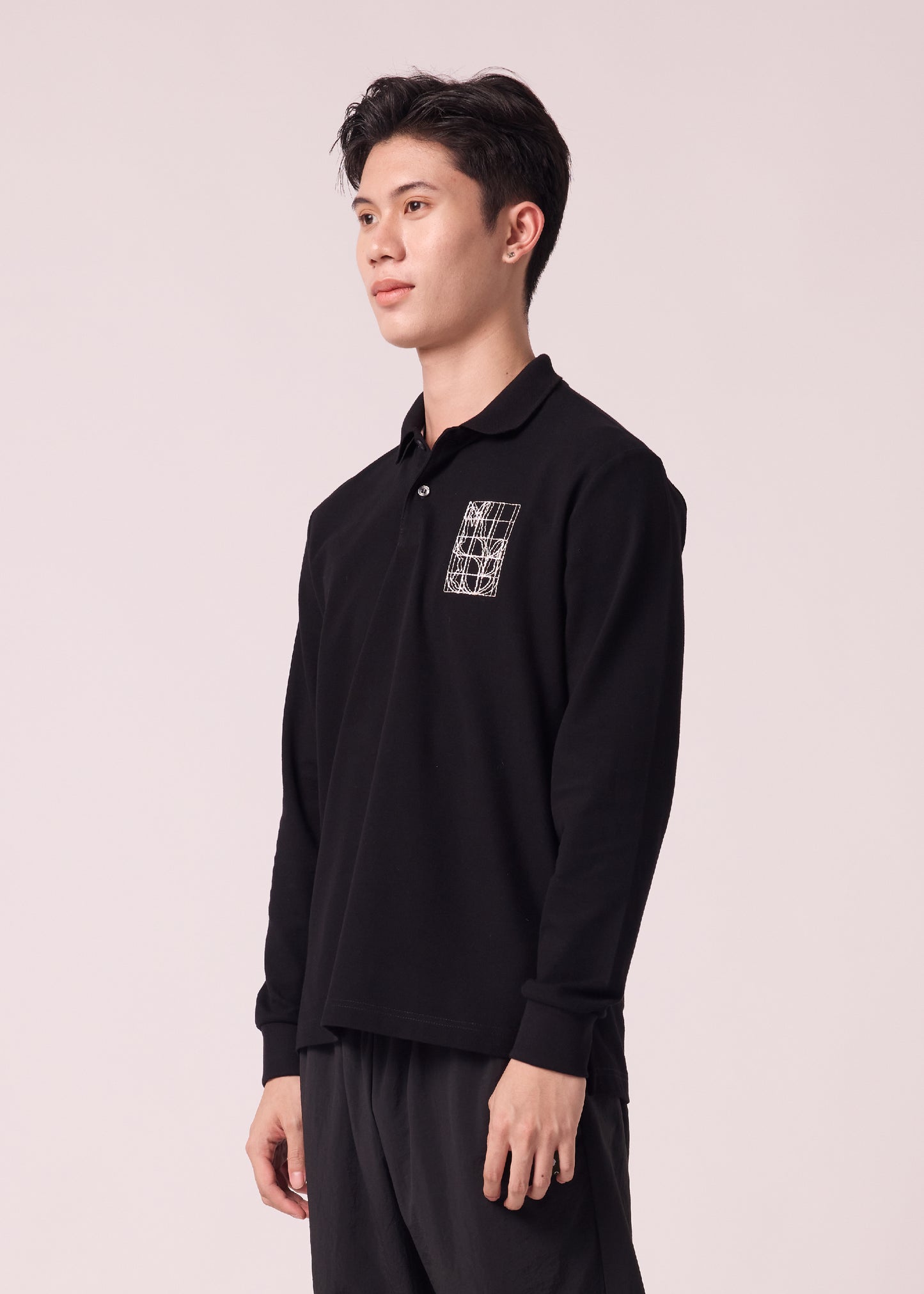 BLACK CUSTOM FIT LONG SLEEVE POLO SHIRT  WITH EMBROIDERY