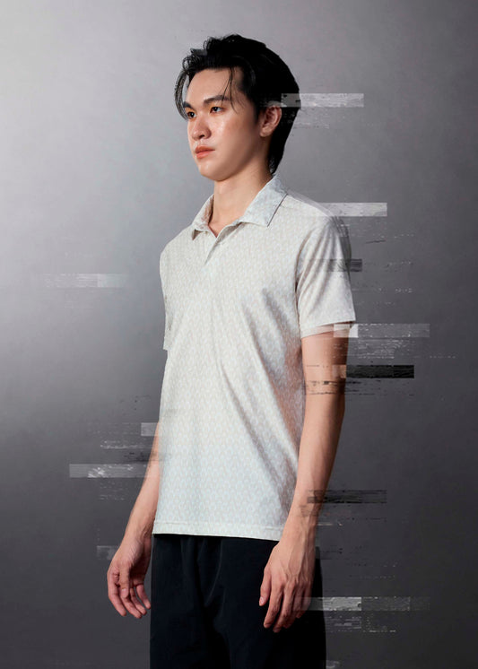 BEIGE CUSTOM FIT POLO SHIRT WITH ALL-OVER PRINT