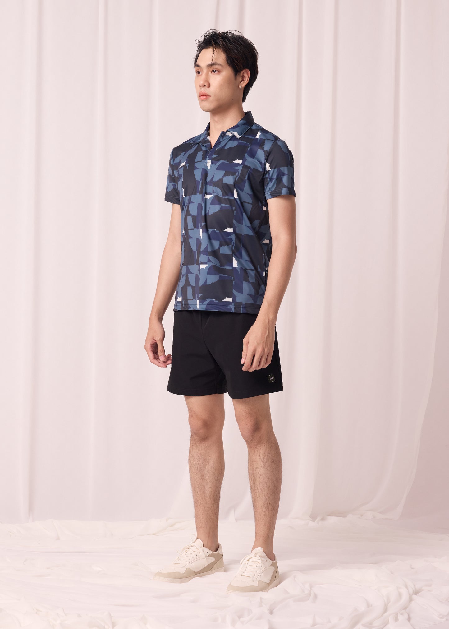 NAVY CUSTOM FIT POLO SHIRT WITH ALL-OVER PRINT