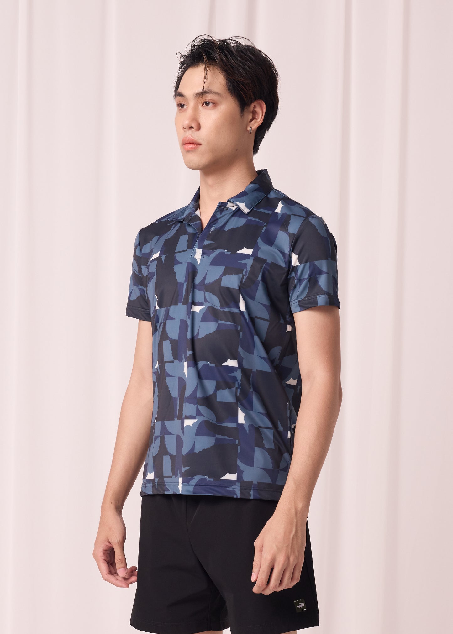 NAVY CUSTOM FIT POLO SHIRT WITH ALL-OVER PRINT