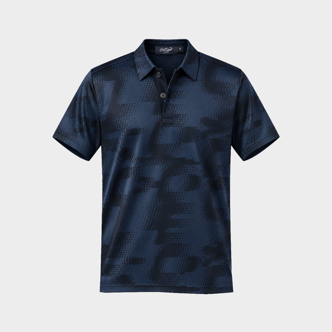 เสื้อโปโลทรงคัสตอมฟิตสีกรมพิมพ์ลาย