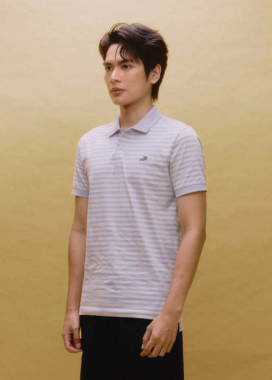 เสื้อโปโลสีเทาลายริ้วทรงสลิมฟิต