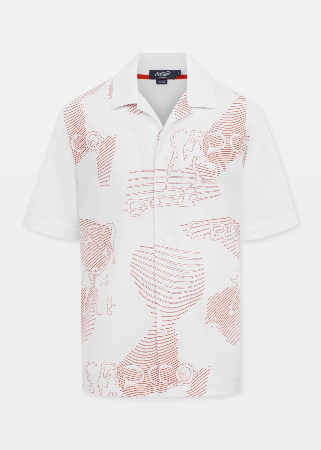 WHITE CUSTOM FIT CUBAN COLLAR SHIRT WITH GRAPHIC PRINT