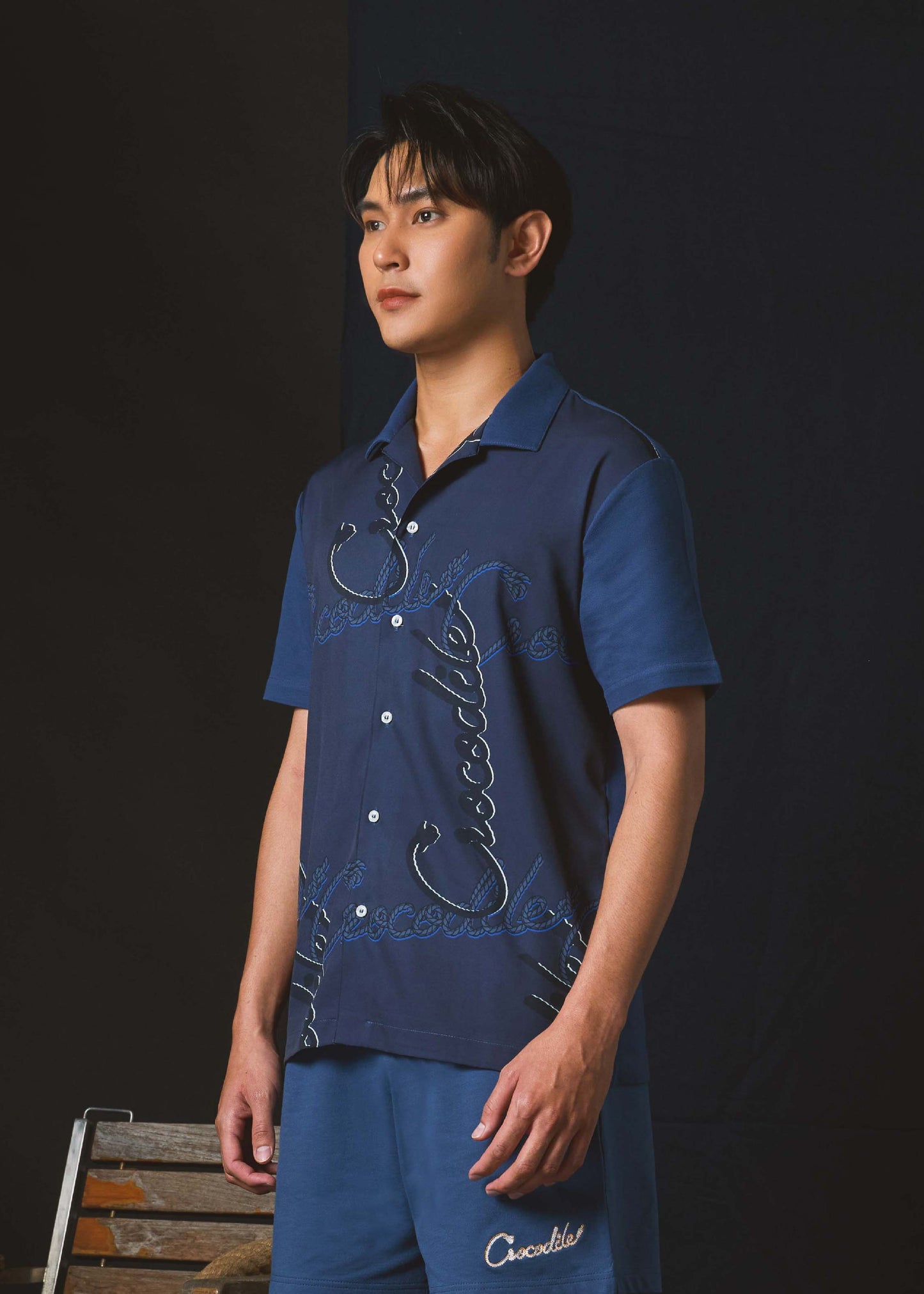 FABRIC PRINT NAVAL ACADEMY BLUE CUSTOM FIT CUBAN COLLAR SHIRT