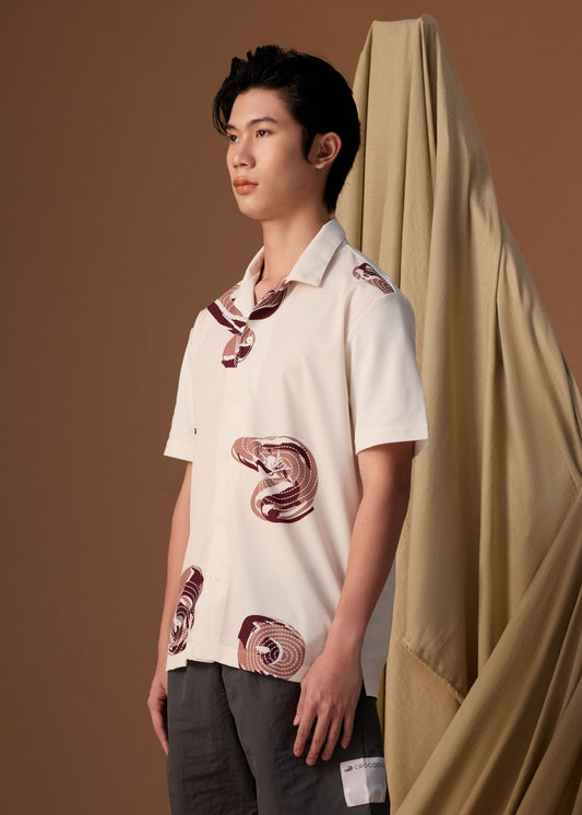 BEIGE CUSTOM FIT CUBAN COLLAR SHIRT WITH  FABRIC PRINT