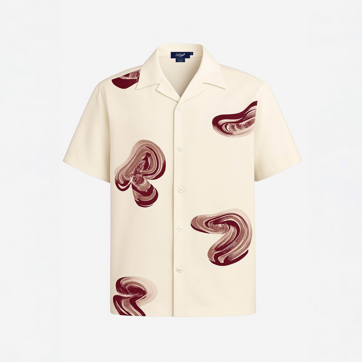 BEIGE CUSTOM FIT CUBAN COLLAR SHIRT WITH  FABRIC PRINT