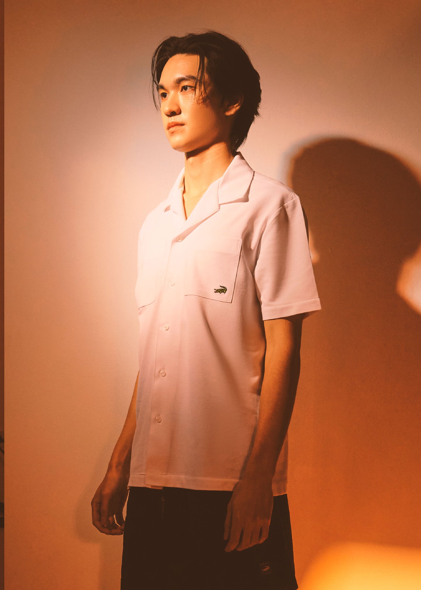 WHITE CUSTOM FIT CUBAN COLLAR SHIRT WITH CHEST POCKET