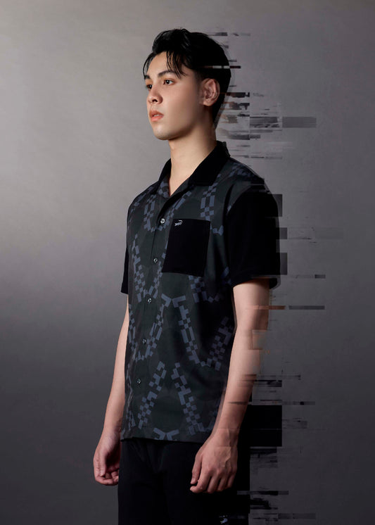BLACK CUSTOM FIT CUBAN COLLAR SHIRT WITH GRAPHIC PRINT AND POCKET