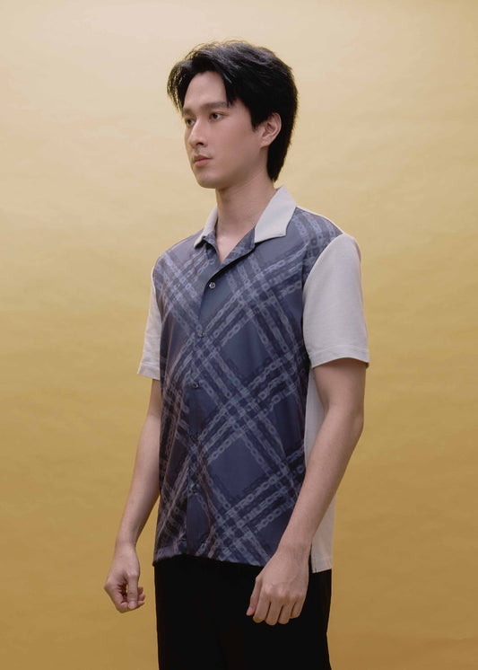 GRAY CUSTOM FIT CUBAN COLLAR SHIRT WITH GRAPHIC PRINT AND POCKET