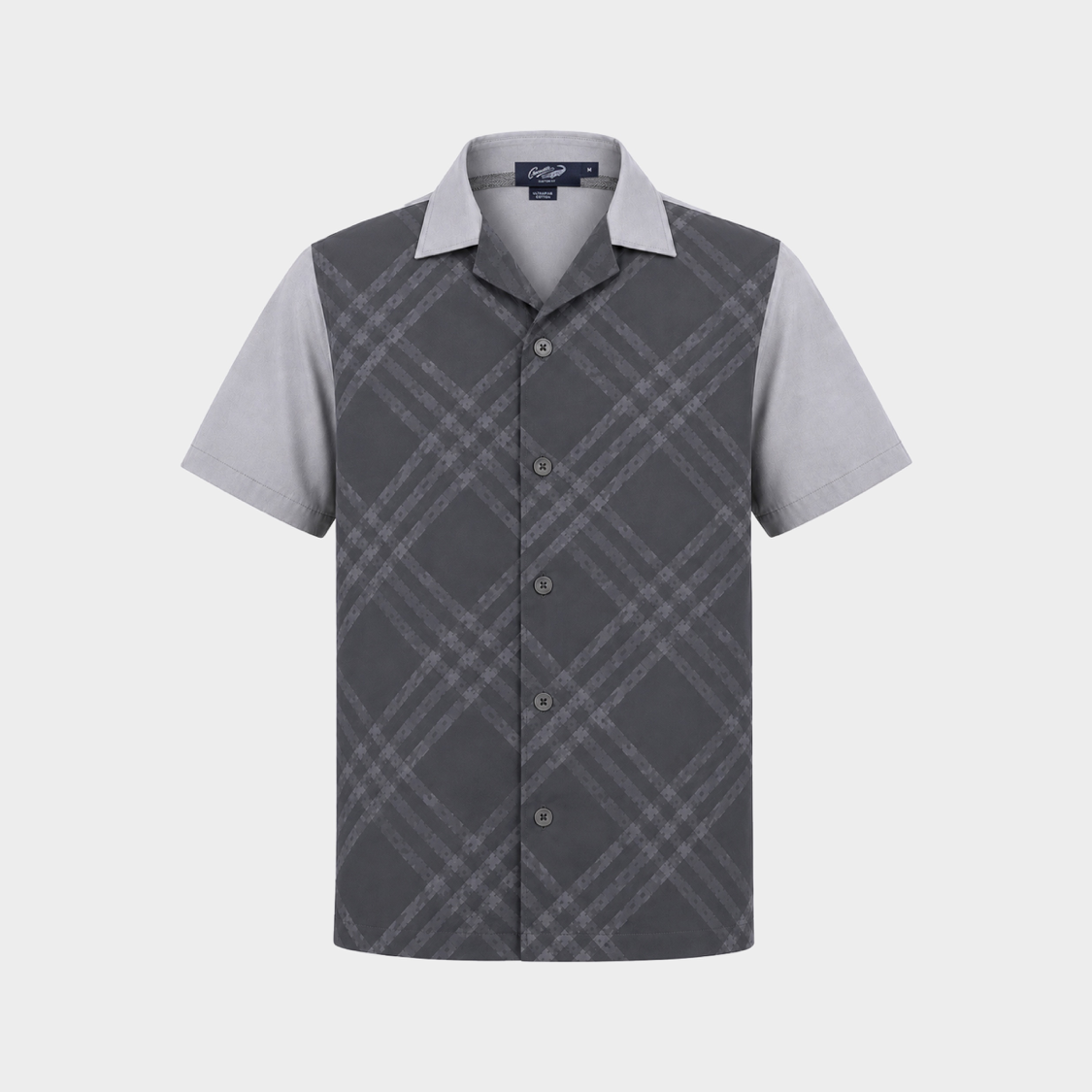 GRAY CUSTOM FIT CUBAN COLLAR SHIRT WITH GRAPHIC PRINT AND POCKET
