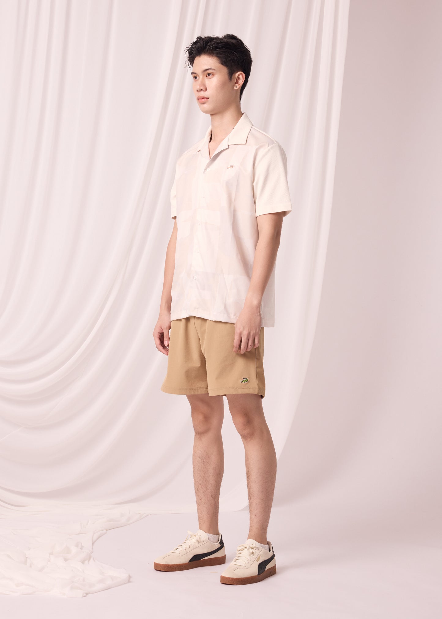 BEIGE CUSTOM FIT CUBAN COLLAR SHIRT WITH GRAPHIC PRINT