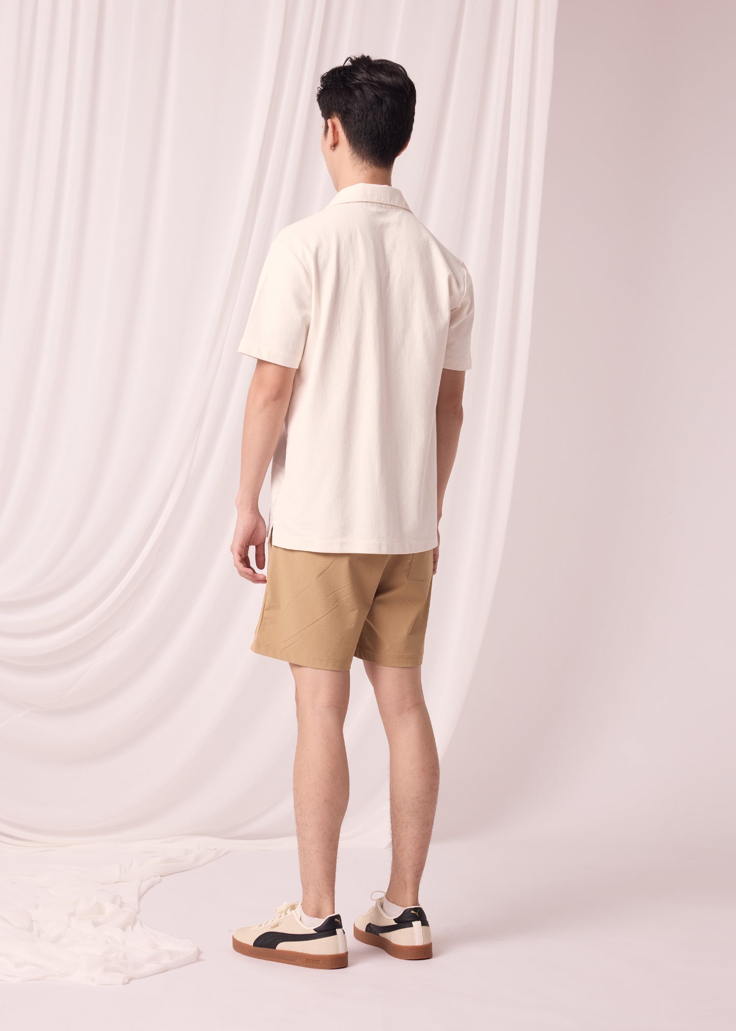BEIGE CUSTOM FIT CUBAN COLLAR SHIRT WITH GRAPHIC PRINT