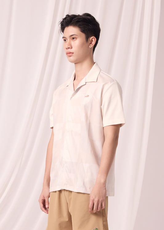 BEIGE CUSTOM FIT CUBAN COLLAR SHIRT WITH GRAPHIC PRINT